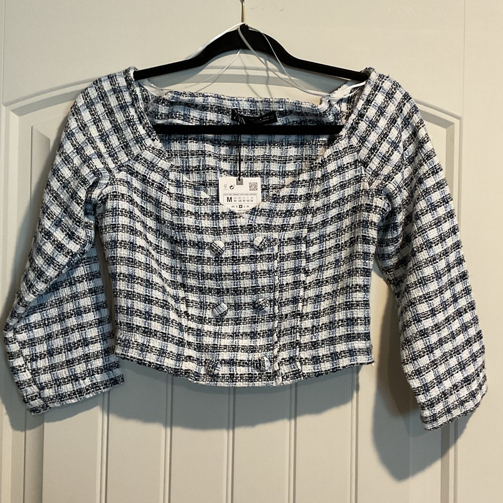 81. Zara Blue, White, and Black Plaid Crop Top, Size Medium.